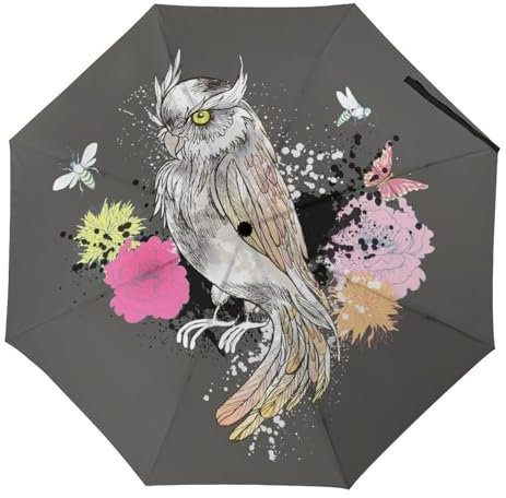 YBQLNP Regenschirm Sturmfest Eule Blume Automatik Taschenschirm Mit Schirmtasche Uv Faltbarer Regenschirm