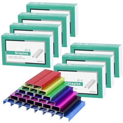7 bunte 26/6 Standard-Heftklammern für Schreibtischhefter, 1000 Stück farbige Heftklammern pro Packung, insgesamt 7000 Stück