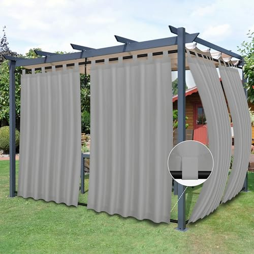 Easy-Going Outdoor Patio Curtains Detachable Tab Top Windproof Weatherproof Curtain for Cabana, Porch, Pergola and Gazebo, Tab Bottom Drape, 2 Panels, 54W x 84L inch, Light Grey