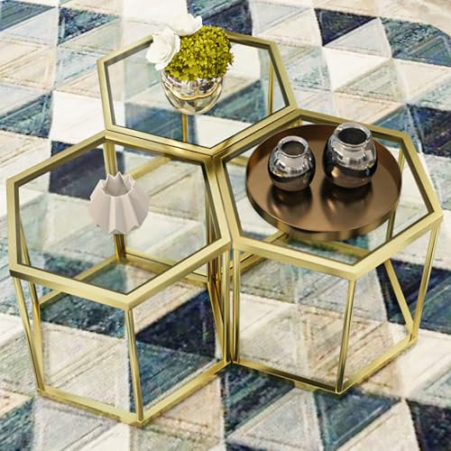 LUGSHIREE Sechseckiger modularer Couchtisch, vergoldeter Rahmen, Tischplatte aus gehärtetem Glas, geometrischer Akzent, Mehrzweck-Nisttisch für Wohnzimmer, Schlafzimmer, 3er-Set