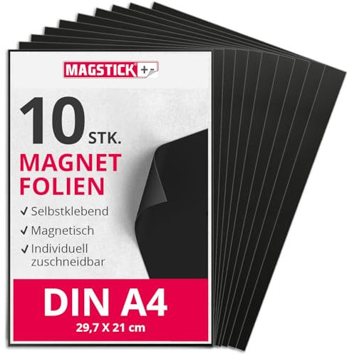 Magstick Magnetfolie 10 Stück I DIN A4 I Magnetklebefolie I flexibel selbstklebend zuschneidbar magnetisch beklebbar I zum Basteln ordnen I Stanzen Aufbewahrung Magnetbogen Fotomagnet I mag285