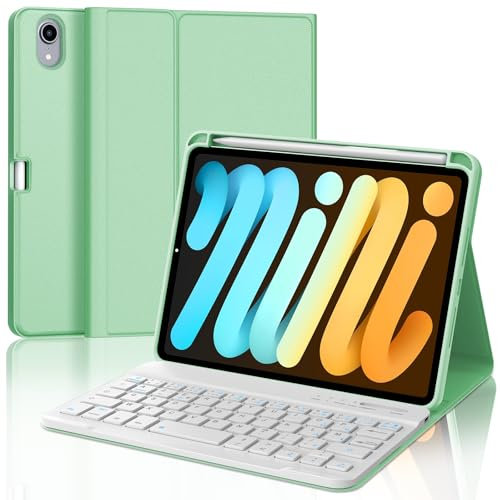 JADEMALL Coque Clavier pour iPad Mini 7 (A17 Pro) /Mini 6 8.3, AZERTY Clavier Bluetooth Détachable pour iPad Mini 7 A17 Pro 8.3, Vert Clair