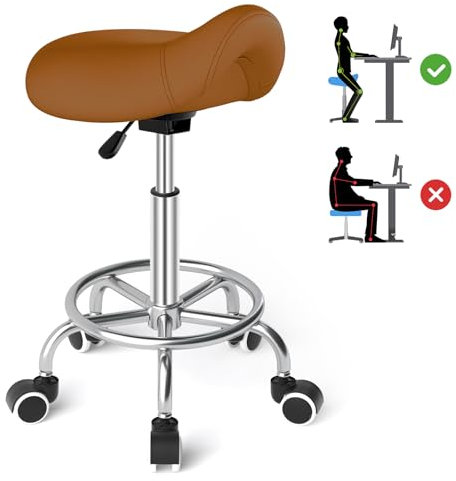 Sattelhocker Ergonomisch - Bequemer Sattelstuhl mit einem breiten Sattelsitzkissen, drehbarer, verstellbarer Sattelhocker mit Rollen und Ringpedal für Medizin,Massage, Salon,Büro und Zuhause (Braun)