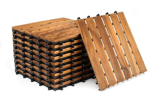 Crystals 6 Slat Interlocking Wooden Deck Tiles 30x30cm Hardwood Tiles for Patio, Balcony, Garden – Easy Installation, Durable Wood Solution, Great Drainage (12 x Decking Tiles)