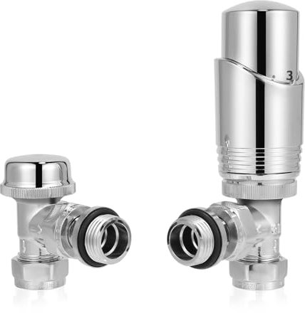 SVNR Thermostatic Radiator Valves (TRV), Textured Chrome, Angled Lockshield Valve, 15mm, for Central Heating Radiators, Towel Rails,Leak-Proof Design.