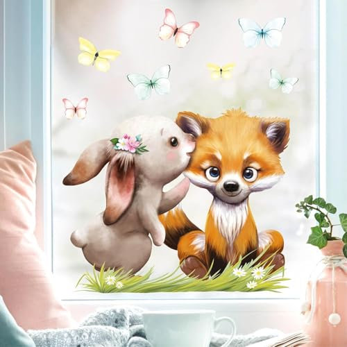Wandtattoo Loft Fensterbilder Frühling Fuchs und Schmetterlingen Motiv – A4 Bogen, Wiederverwendbar – Frühlingsdeko Fenster, Frühlingsbild Fenster, Fensterdeko Frühling, Fensterfolie Frühling
