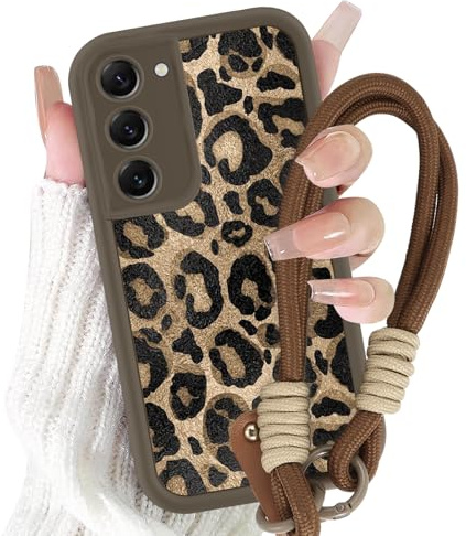 Yirlbey Coque pour Samsung Galaxy S21 FE 5G avec Cordon de Bracelet, Silicone Étui avec Aesthetic Brun Léopard Motif Design, Antichoc Housse avec Lanyard Cover Case pour Samsung S21 FE 6,4, Vache