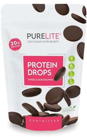 PURELITE Protein Drops zartbitter vegan, proteinreich 20g/100g, feinherbe zuckerfreie Schokodrops, Erythrit & Stevia, 60 %Kakao, kalorienarm, Snack, Backen & Schmelzen, Kuvertüre, Schokobrunnen, 450g