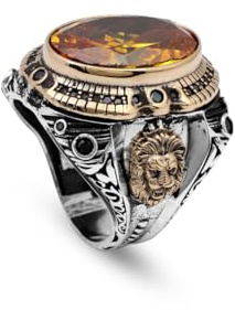 Jewellery Pit - Herren Vintage Citrin Löwe Siegelring - handgefertigte Sterling Silber Ring mit Edelstein - Tier-inspirierte Ring für Männer - Custom Gravur - Geschenk Silber Poliertuch (74)