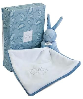 Doudou et Compagnie - Doudou Lapin Bleu avec Boite Cadeau pour Offrir - Doudou Peluche Bébé Ultra Doux avec Mouchoir Blanc à Motif Fleur - Idée Cadeau Naissance Filles Garçons - DC4362