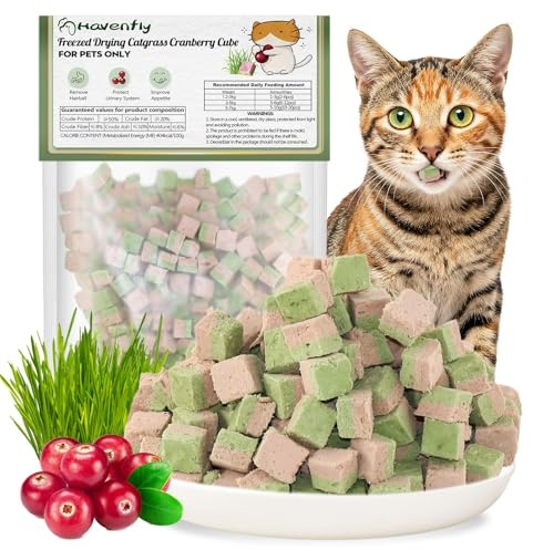 Gefriergetrocknete Katzengras Snack mit Katzengras & Cranberry, Katzenleckerlis Zahnpflege Leckerli zur Reduzierung von Haarballen und Unterstützung der Harnwege, Cat Grass Stick (60g, Cranberry)