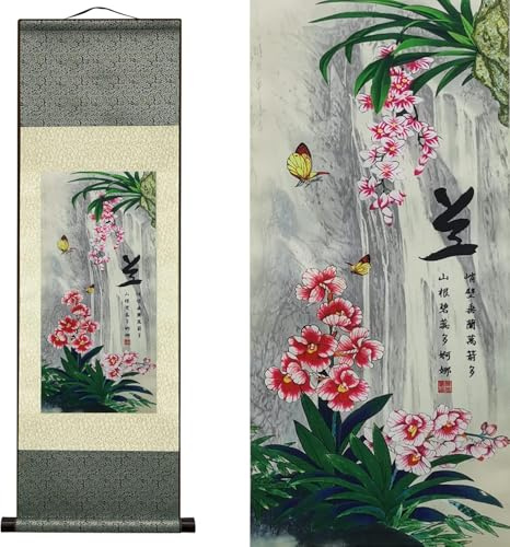 AtfArt Silk Scroll Painting, Asian Wall Decor, Orchid Flower, 36.2x12in | Elegant Orchid Flower Art, Traditional Chinese Scroll for Living Room, Bedroom, Office Decor