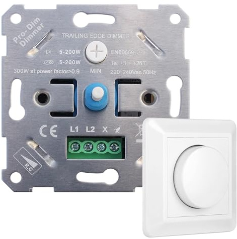 Dimmer a LED, interruttore dimmer, 220 – 240 V, 250 W, dimmer girevole da incasso, per lampade a LED da 5 – 200 W, IP40, dimmer universale per lampade LED dimmerabili, lampadina a incandescenza e
