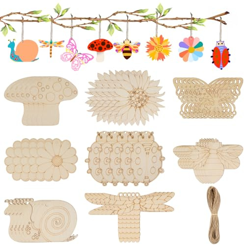 Holzanhänger zum Bemalen,40 Stück Bastelset Kinder Holztiere Holzblumen | 8 Stile Holz zum Basteln mit Loch und Schnur für DIY Kinder Malen Handwerk Deko Kindergeburtstag