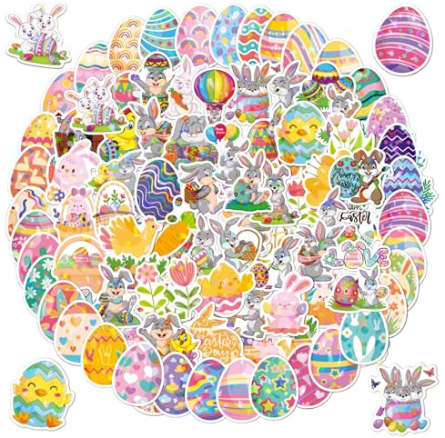 Masper Ostersticker, 100 Einzigartige Aufkleber Ostern, Wasserfeste Holografische Glänzende Vinyl Osteraufkleber für Osterdekorationen, Bastelarbeiten, Karten, Umschläge, Verpackungen