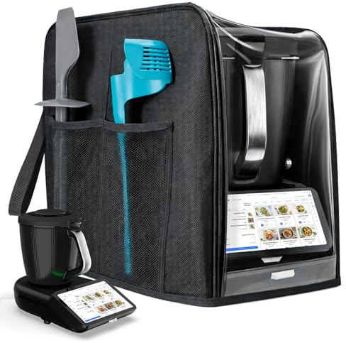 Abdeckhaube für Thermomix TM7 Zubehör, Wasserdicht Staubdicht Schutzhülle mit Sichtfenster & Taschen, Faltbare Haube für Küchenmaschine Aufbewahrung Organizer, Schwarz