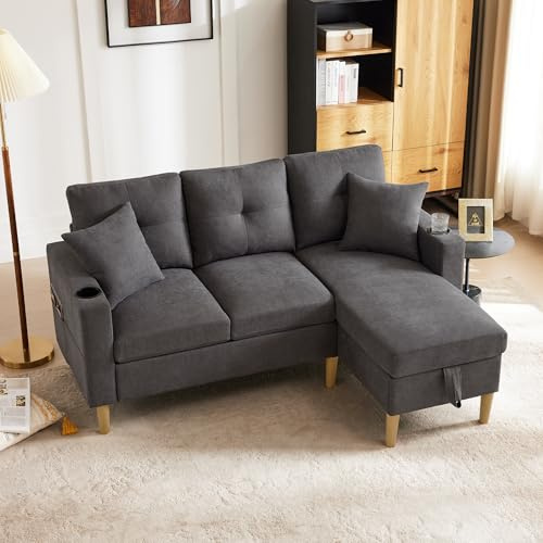 Bladez L-förmiges Sofa mit Chaiselongue – 3-Sitzer Ecksofa mit Stauraum & Getränkehaltern, Wendbares Sofa mit 2 Kissen, Baumwoll-Leinen Couch für Wohnzimmer, Büro & Wohnung (Dark Gray)