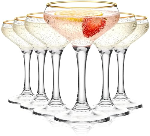 TOLASTO Martini Glasses Set of 6 235ml – Cocktail Glasses, Champagne Coupe Glasses with Gold Rim, Espresso Martini, Margarita, Gin & Tonic, Lead-Free Crystal