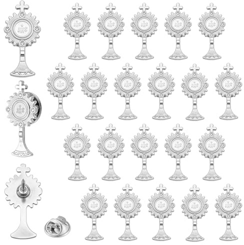UNICRAFTALE 25Pcs First Communion Religious Lapel Pins Enamel Platinum Chalice Cross Design Holy Catholic Brooch Set Spirit Cross Lapel Pins for Eucharistic Minister Keepsake Gift 26.5x13mm
