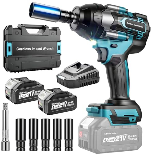 YEARTOP 1/2 Cordless Impact Wrench Brushless 737 Ft-lbs Breakaway Torque | Compatible with Makita 18V Battery, 4-Speed Wheel Nut Remover Kit with 2 x 4.0Ah Batteries, 5 Impact Sockets