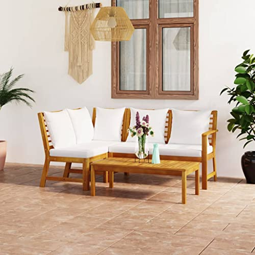 ACAGALA Gartenmöbel Set 4 Teilig, Balkonmöbel Set mit Creme Kissen, Mittelteil + Eckteil + Bank + Tisch, Outdoor Loungemöbel Sitzgruppe Garnitur Set für Garten, Terrasse, Massivholz Akazie