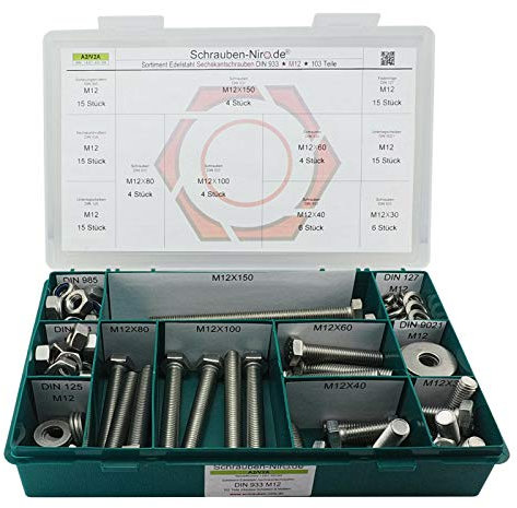 Sortiment M12 DIN 933 Edelstahl A2 (V2A) Sechskantschrauben mit Gewinde bis Kopf - Set bestehend aus Schrauben, Unterlegscheiben (DIN 125, 127, 9021) und Muttern (DIN 934, 985) - 103 Teile