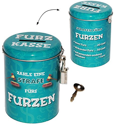 alles-meine.de GmbH Spardose als Strafkasse - Furz Kasse - stabile Sparbüchse aus Metall - incl. 2 Schlüssel - mit Strafe Furzen Furzer - Männer/stinken riechen - Schlafen ..
