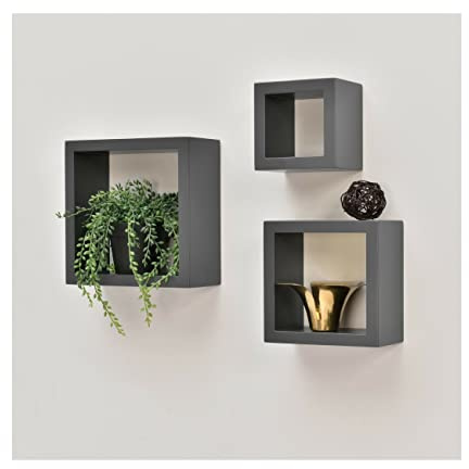 spot on dealz® Cali Wall Floating Cube Box Shelves Set of 3 Grey Wooden Shelf for Bedroom Wall Mounted Living Room Kitchen Decorative Furniture Display Shelving Units