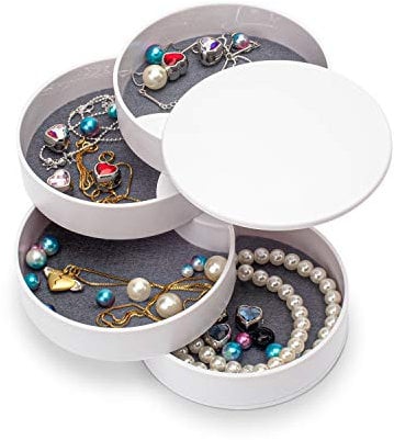 HengLiSam Organisateur de Bijoux, Petite Boîte à Bijoux Boucle D'oreille Support pour Femmes, Bijoux Boîte de Rangement 5 Couches Rotatif Bijoux Accessoires Plateau de Rangement Avec Couvercle (Blanc)
