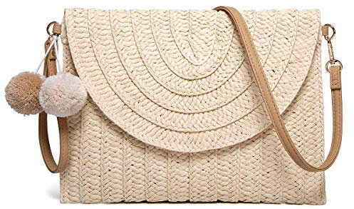 Stroh-Umhängetasche, Stroh-Clutch, handgewebt, Pom-Pom-Stroh, Crossbody-Tasche, Sommer, Strand, Umschlag-Geldbörse, A-beige, Medium