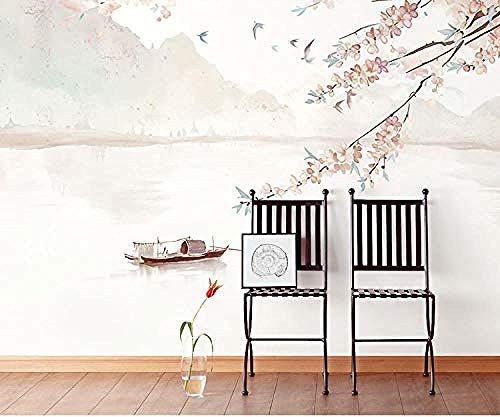 Blumen und Vögel Tapete Handgemalte Tinte Einblatt Boot Wandbild Studie Wohnzimmer Sofa Tapete Wanddekoration fototapete 3d Tapete effekt Vlies wandbild Schlafzimmer-300cm×210cm
