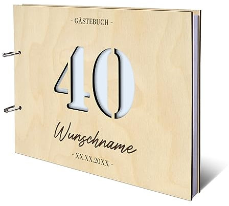 Lasergeschnittenes Geburtstag Gästebuch Birkensperrholz Gravur individuell Holzcover mit 72 Blatt | 144 Seiten DIN A4 quer 302x215mm - 40 Jahre