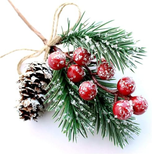 FUTERLY 10 Pcs Artificial Holly Stem and Red Berry,Pine Cones and Pine Branches,Christmas Picks and Sprays,Red Berries Christmas Decorations,Greenery Tree Picks for Birthday Wedding Halloween Decor