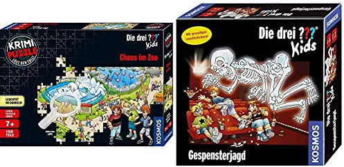 Kosmos 697990 - Krimi Puzzle: Die DREI ??? Kids - Chaos im Zoo, Leuchtet im Dunkeln. 150 Teile, inkl. kleine Lupe, Lesen - Puzzeln - Rätsel lösen& Spiele 697686 - Die DREI ??? Kids - Gespensterjagd