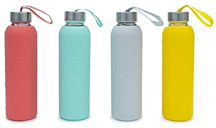 CÉCOA Gourde en verre 500ML réutilisable avec housse silicone et bouchon étanche. Indication de la quantité d'eau journalière