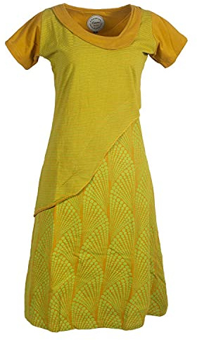 Vishes - Alternative Bekleidung - Damen Kurzarm Lagenlook Kleid Hippie Streifen Punkte Muster gelb 46