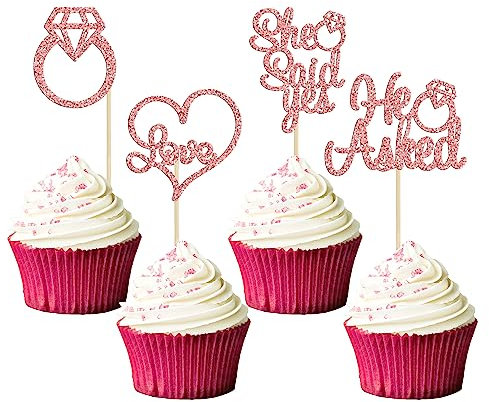 Gyufise 24Pcs Rose Gold He Asked She Said Yes Cupcake Toppers Diamond Ring Heart Cake Picks for Wedding Engagement Party Cake Decorations