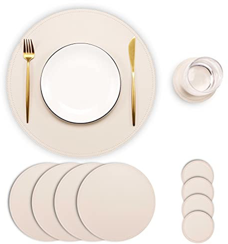 Set of 4 Faux Leather Round Placemats and Coasters, Coffee Mats Kitchen Table Mats, Waterproof, Easy to Clean for Kitchen Dining Round Table