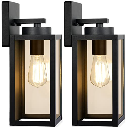Outdoor Wall Light Fixtures, Exterior Waterproof Wall Lanterns, Porch Sconces Lighting with E26 Sockets & Glass Shades, Modern Matte Black Outside Lights for Patio Front Door Entryway Garage, 2-Pack