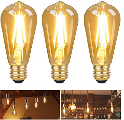 DSLebeen Dimmable E27 LED Vintage Light Bulbs 6W 600lm, ST64 Edison Screw Bulb Decorative LED Filament GLS Bulbs Amber Glass Warm White Lighting 2700K 3-Pack