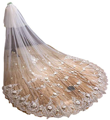 Weiße 3D-Blumen-Brautschleier Spitze Applikationen 2-stufig langer Kathedralenschleier elegant weich einfach Kapelle Tüll Hochzeit Abschlussball Haarschmuck mit Kamm, 138in,2 tier,300cm
