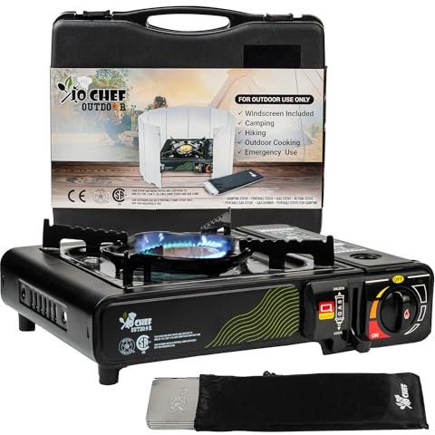 JoChef Camping Stove Butane 9,500 BTU Portable Gas Stove Ideal for Camping or Road Trips, Outdoor Camping Stove Includes Windshield, CSA Certified,