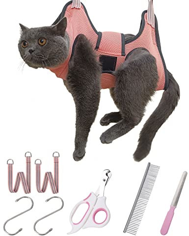 Kkiimatt Cat Dog Grooming Hammock Harness, XS Pet for Puppy Small Dogs/Cats, Nail Trimming with Clippers Sling Wide Strap Sewed on Restraint Bag, Pink Orange