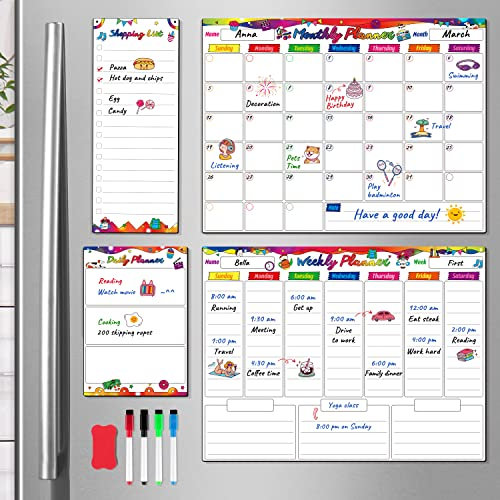 D-FantiX Magnetische trocken abwischbare Kalender Whiteboard, 4 Stück magnetischen Kalender für Kühlschrank, monatlich wöchentlich täglich Einkaufsliste Familie Kalender Planer für Küche Haus