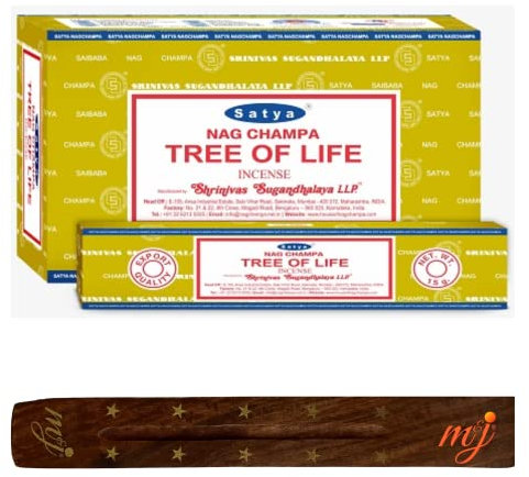 Original Satya Nag Champa Tree Of Life Incense Sticks | with M&J incense sticks holder | Full Box | for Aromatherapy, Spa, Yoga, Weddings, Meditation, Healing, Positivity and Relaxation