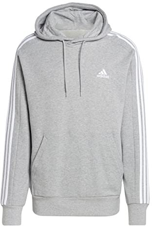 adidas Uomo Essentials French Terry 3-Stripes Hoodie, Medium Grey Heather/White, L
