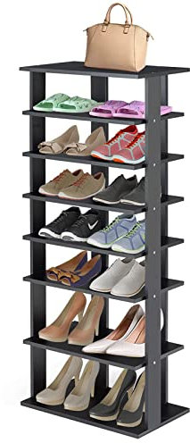 COSTWAY 8 stufiges Schuhregal schmal, Schuhschrank aus Holz höhenverstellbar, Schuhständer Schuh-Organizer vertikal, Freistehender Eckregal Standregal für Eingang, Flur (Schwarz, Doppel)