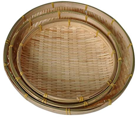 ZEALMAX Juego de 3 cestas de bambú hechas a mano, tamiz de arroz, plato de frutas, cesta de almacenamiento de alimentos, cuenco decorativo para uso doméstico, 22,15,13 cm
