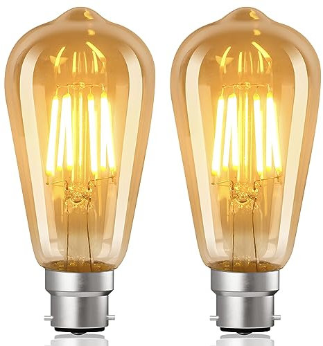YUNRRD Vintage Bayonet Light Bulb 6W(60W Equilavent),B22 LED Edison Bulbs Warm White 2700K,ST64 Energy Saving Lightbulbs Bayonet,LED Filament Amber Retro Style Decorative Bulbs,600LM,220-240V(2 Packs)