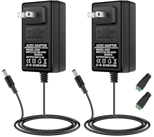 24V Power Supply, 2A 48W LED Lights Power Adapter, 100-240V AC to 24V DC Transformer for LED Strip Lights, Wall Plug Power Supply with 5.5/2.1 DC Female Barrel Connector (2 Pack)